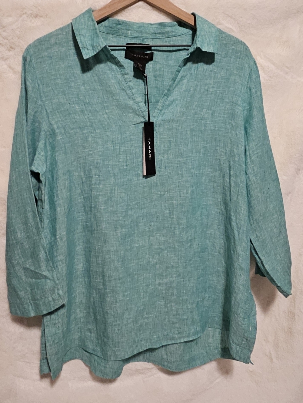 Tahari Women's Teal Linen V-Neck Tunic Top Size L